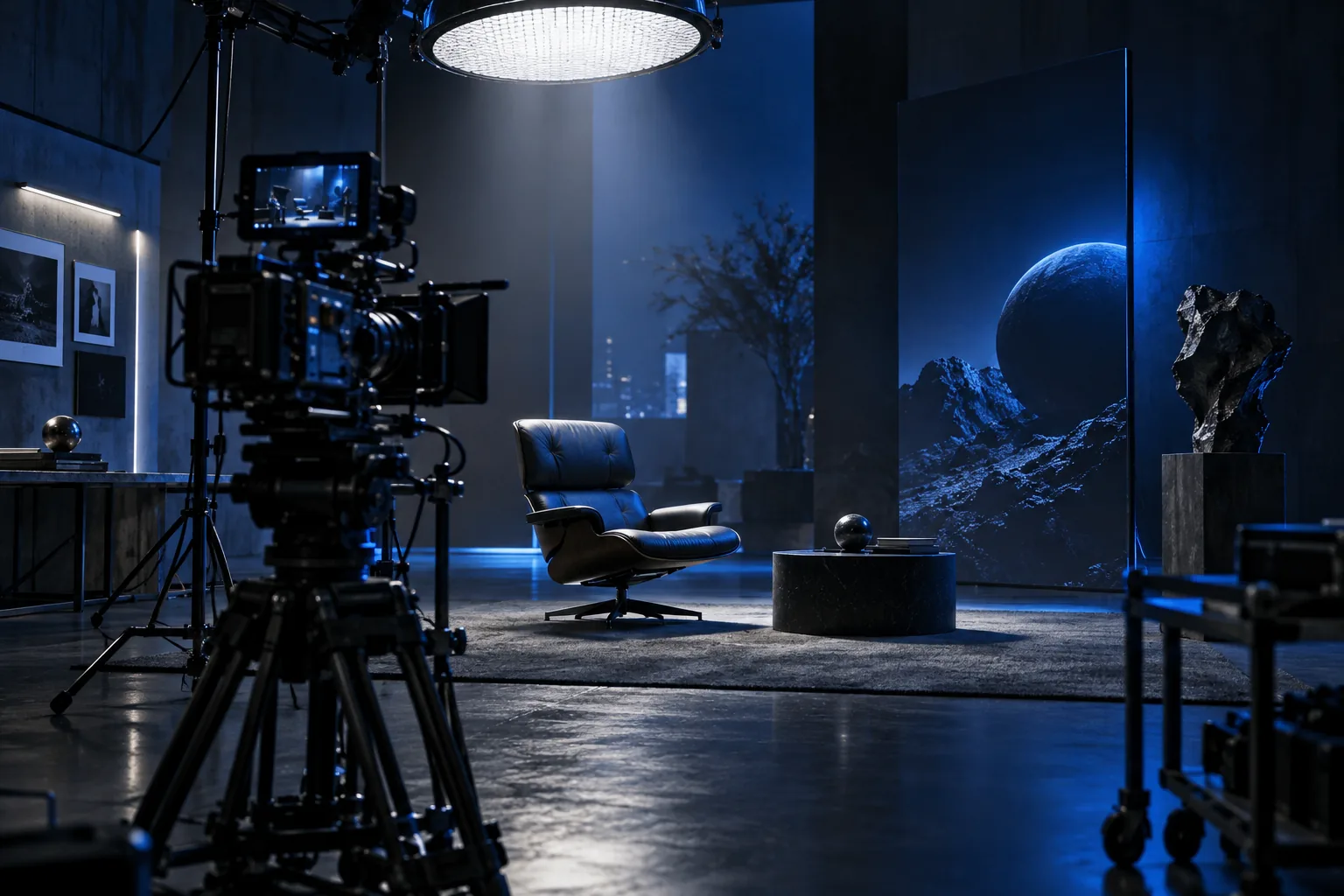 Filmset mit bewusst komponiertem Licht, Raum und professioneller Kamera