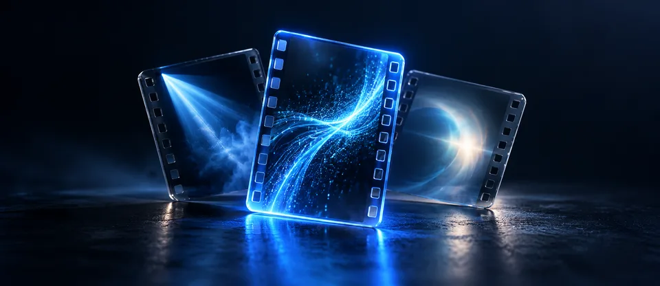 Drei abstrakte Filmframes mit blauem Licht symbolisieren die Wahl eines KI-Videomodells