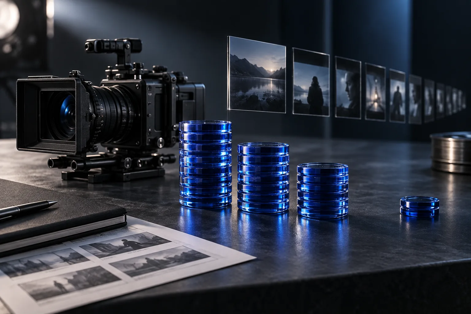 Blaue Glastoken, Filmkamera und Bildfolgen als redaktionelles Motiv zur Budgetplanung