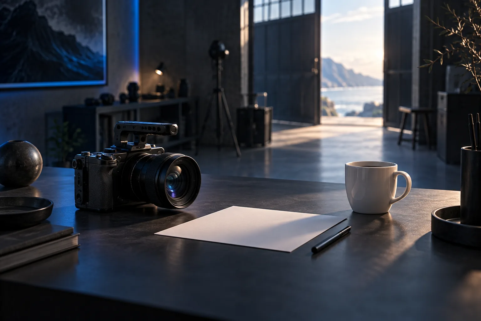 Reduzierter Kreativ-Arbeitsplatz mit Kamera, Tasse und offenem Studiotür-Einstieg