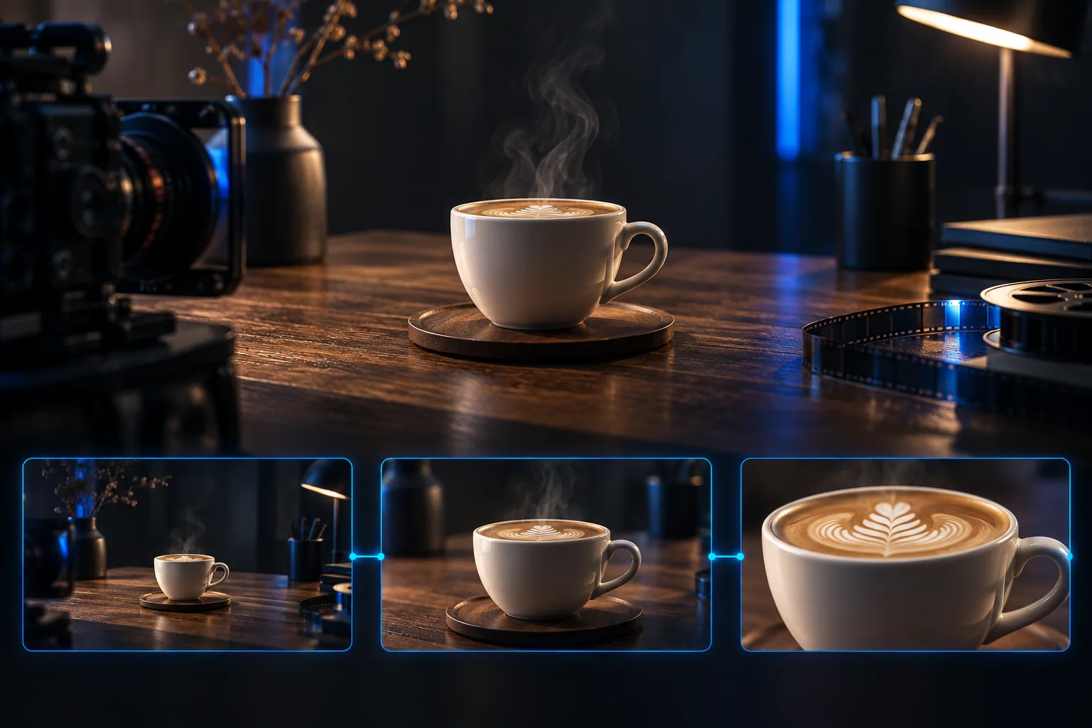 Redaktionelle Illustration eines Kaffeebildes und dreier Bildausschnitte für eine geplante Kamerafahrt