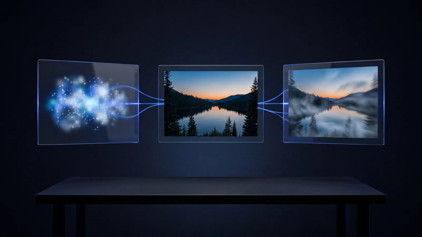 Drei schwebende Videobilder über einem dunklen Studiotisch – von der Idee über das Standbild zur Bewegung, verbunden durch blaue Lichtlinien – Titelmotiv des KI-Video-Hubs