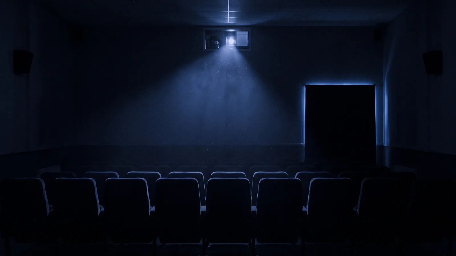 Leerer Kinosaal, in dem der Projektorstrahl verblasst; die Leinwand ist fast dunkel mit einem letzten blauen Schimmer – Titelmotiv zur Abschaltung von Sora