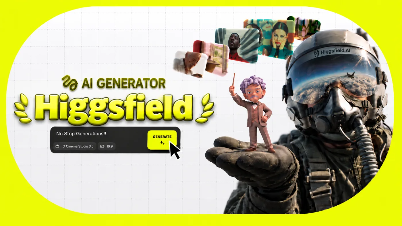 Higgsfield-Key-Visual mit Generator-Eingabefeld, Pilotenfigur und Beispielbildern auf gelbem Hintergrund