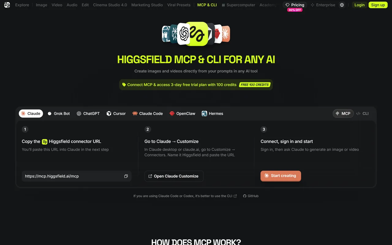 Offizielle Higgsfield-Einrichtung für die Verbindung mit KI-Assistenten über MCP